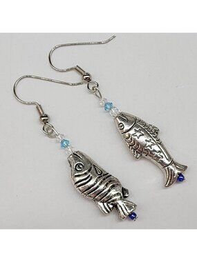 Silver Fish Dangle Earrings  Blue Crystal Accents Handmade Jewelry Mismatched